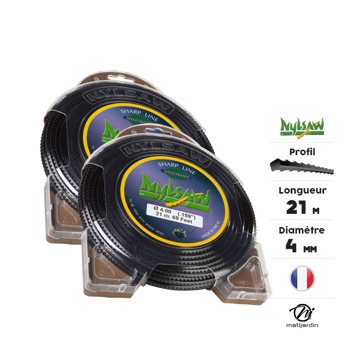 Fil débroussailleuse nylon Nylsaw 4 mm x 21 m. Cranté. Blister. Par 2