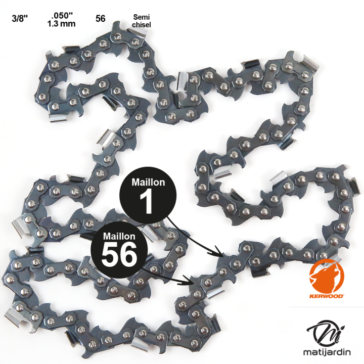 Chaîne Kerwood pour tronçonneuse 3/8" 1,3 mm. 56 maillons. Gouge demi carrée