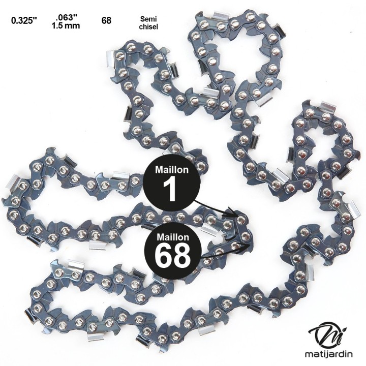 Chaîne Kerwood pour tronçonneuse .325" 1,5 mm 68 maillons. Gouge profil demi carré