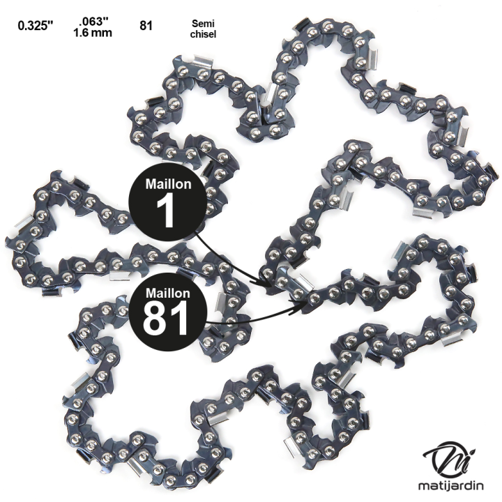 Chaîne Kerwood pour tronçonneuse .325" 1,6 mm. 81 maillons. Gouge demi carrée