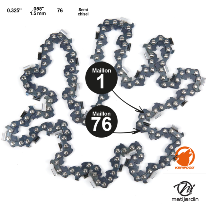 Chaîne Kerwood pour tronçonneuse .325" 1,5 mm 76 maillons. Gouge demi carrée