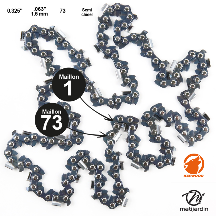 Chaîne Kerwood pour tronçonneuse .325" 1,5 mm 73 maillons. Gouge demi carrée
