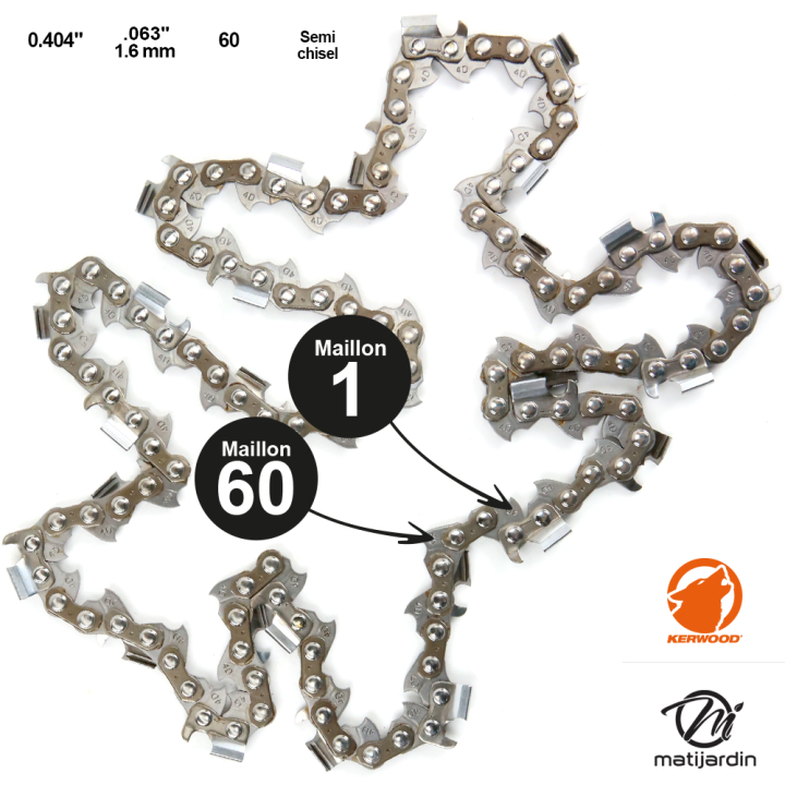 Chaîne Kerwood pour tronçonneuse .404" 1,6 mm. 60 maillons. Gouge demi carrée