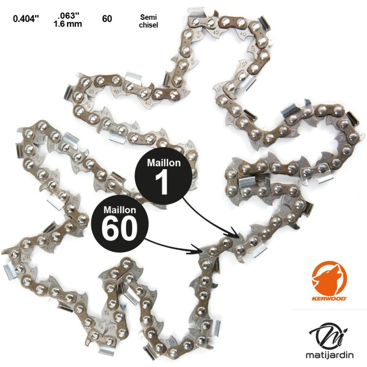 Chaine Kerwood pour JCBHYDROCHIEF ALL MODELS 0,404 1,6 mm 60 maillons