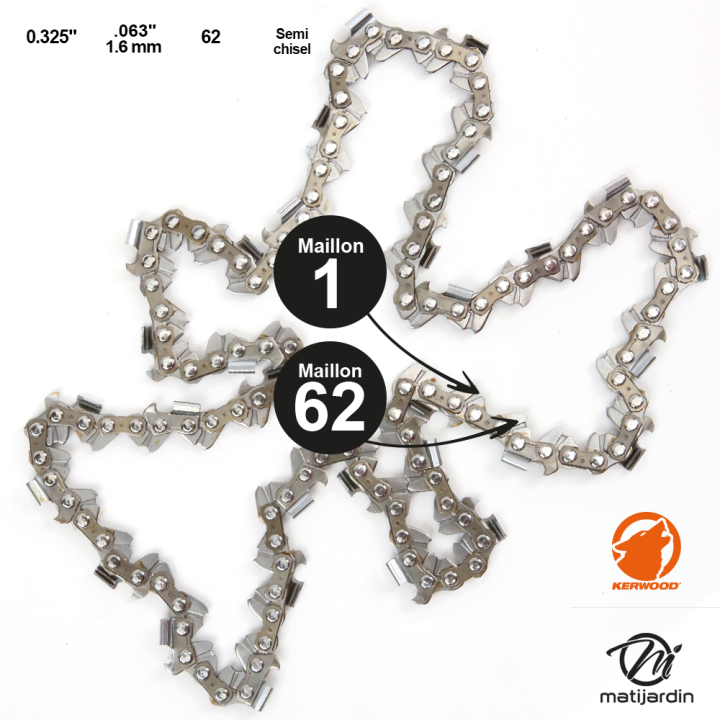 Chaîne Kerwood pour tronçonneuse .325" 1,6 mm. 62 maillons. Gouge demi carrée