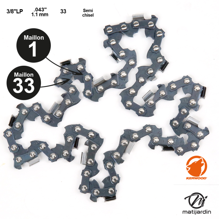 Chaîne Kerwood pour tronçonneuse 3/8" LP 1,1 mm 33 maillons. Gouge demi carrée