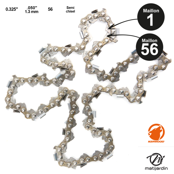 Chaîne Kerwood pour tronçonneuse .325" 1,3 mm. 56 maillons. Gouge demi carrée