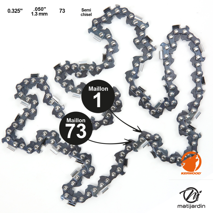 Chaîne Kerwood pour tronçonneuse .325" 1,3 mm. 73 maillons. Gouge demi carrée