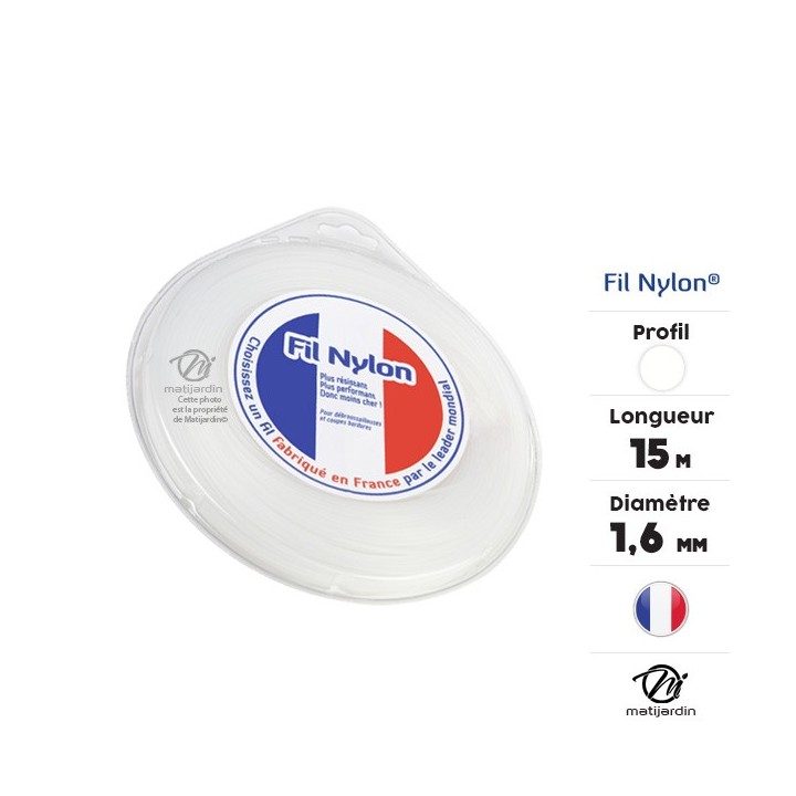 Fil débroussailleuse nylon 1,6 mm x 15 m. Rond. Blanc. Blister