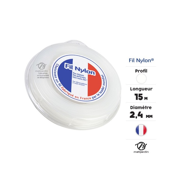 Fil débroussailleuse nylon 2,4 mm x 15 m. Rond. Blanc. Blister