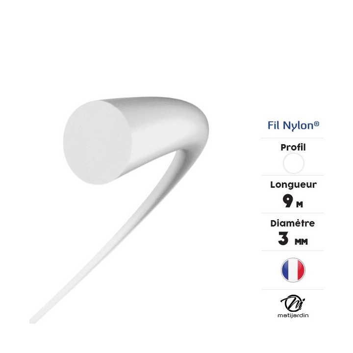 Fil débroussailleuse nylon 3 mm x 9 m. Rond. Blanc. Blister