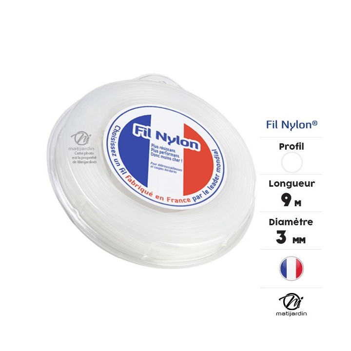 Fil débroussailleuse nylon 3 mm x 9 m. Rond. Blanc. Blister