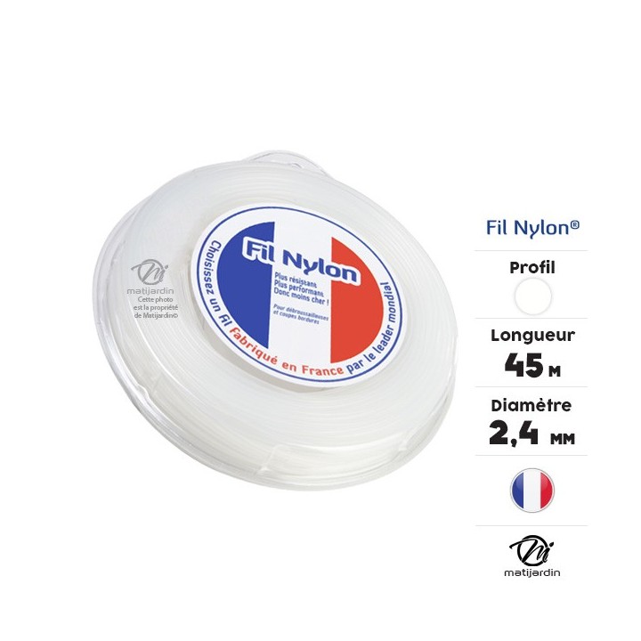 Fil débroussailleuse nylon 2,4 mm x 45 m. Rond. Blanc. Blister
