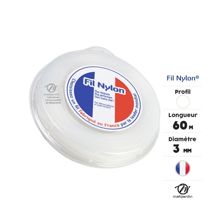 Fil débroussailleuse nylon 3 mm x 60 m. Rond. Blanc. Blister
