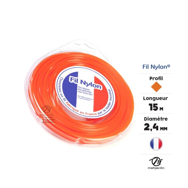 Fil débroussailleuse nylon 2,4 mm x 9 m. Carré. Orange. Blister