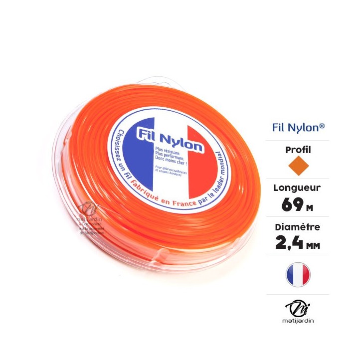 Fil débroussailleuse nylon 2,4 mm x 69 m. Carré. Orange. Blister