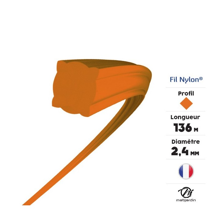 Fil débroussailleuse nylon 2,4 mm x 136 m. Carré. Orange. Bobine