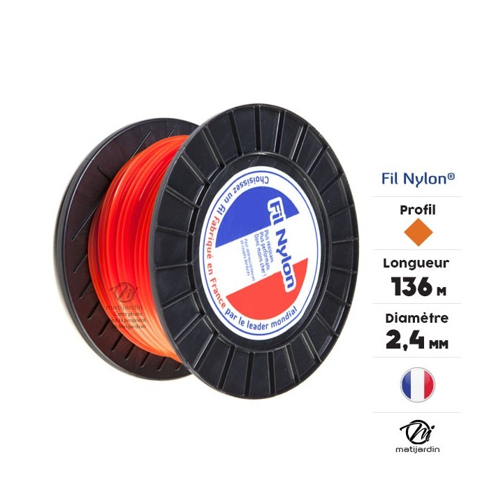 Fil débroussailleuse nylon 2,4 mm x 136 m. Carré. Orange. Bobine