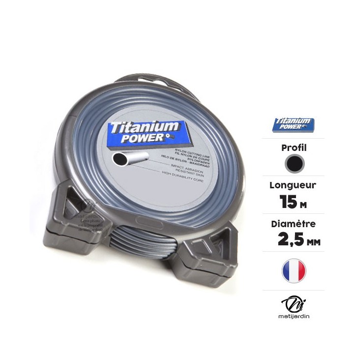 Fil débroussailleuse Titanium 2,5 mm x 15 m. Rond. Bi-matière. Blister