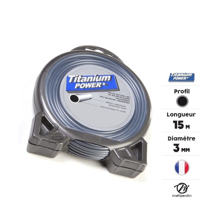 Fil débroussailleuse Titanium 3 mm x 15 m. Rond. Bi-matière. Blister