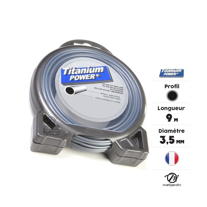Fil débroussailleuse Titanium 3,5 mm x 9 m. Rond. Bi-matière. Blister