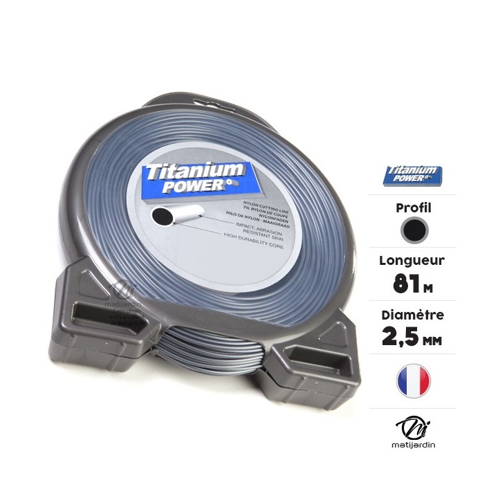 Fil débroussailleuse Titanium 2,5 mm x 81 m. Rond. Bi-matière. Blister