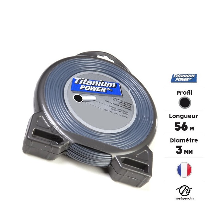 Fil débroussailleuse Titanium 3 mm x 56 m. Rond. Bi-matière. Blister