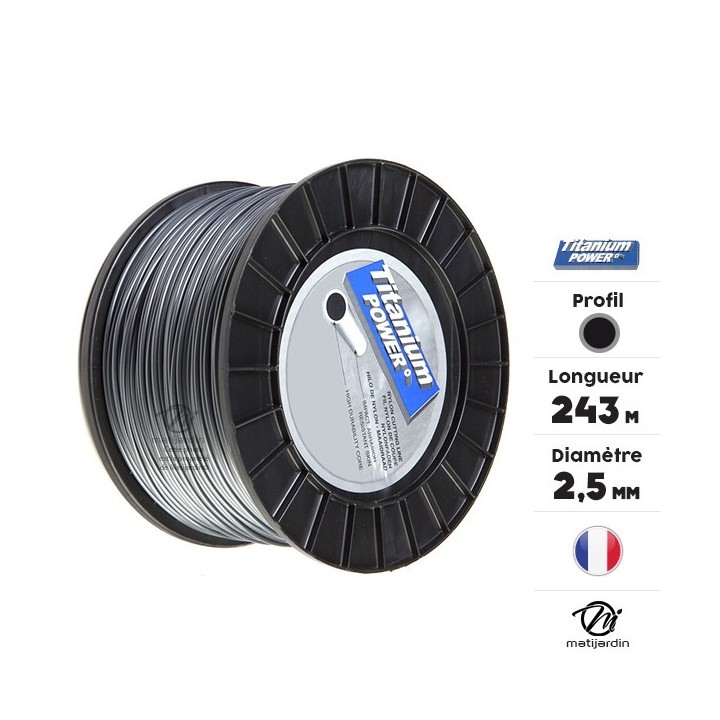 Fil débroussailleuse Titanium 2,5 mm x 243 m. Rond. Bi-matière. Bobine