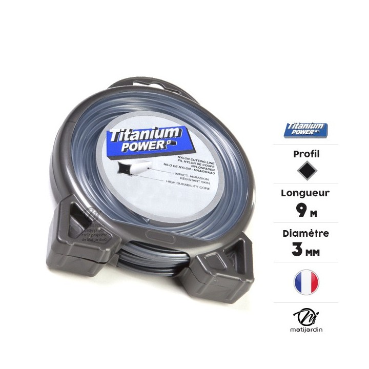 Fil débroussailleuse Titanium 3 mm x 9 m. Carré. Bi-matière. Blister