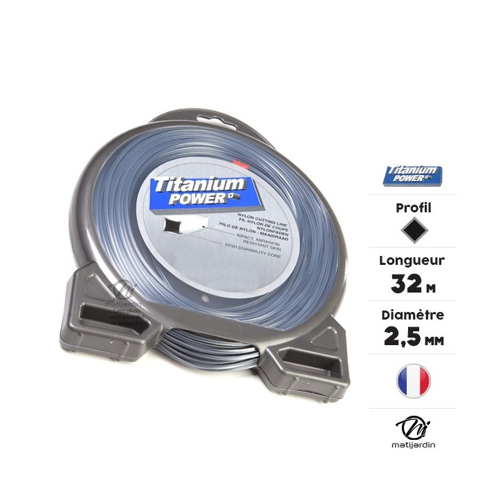 Fil débroussailleuse Titanium 2,5 mm x 32 m. Carré. Bi-matière. Blister