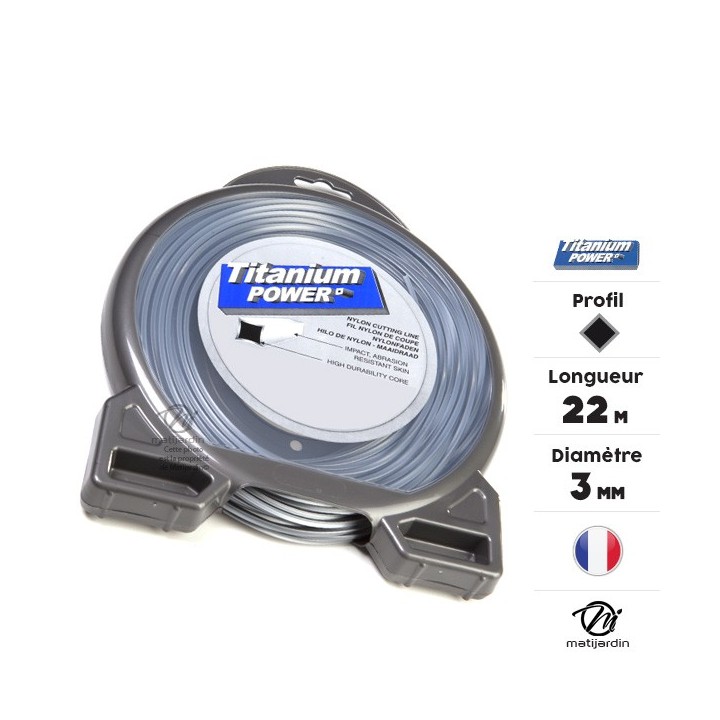 Fil débroussailleuse Titanium 3 mm x 22 m. Carré. Bi-matière. Blister