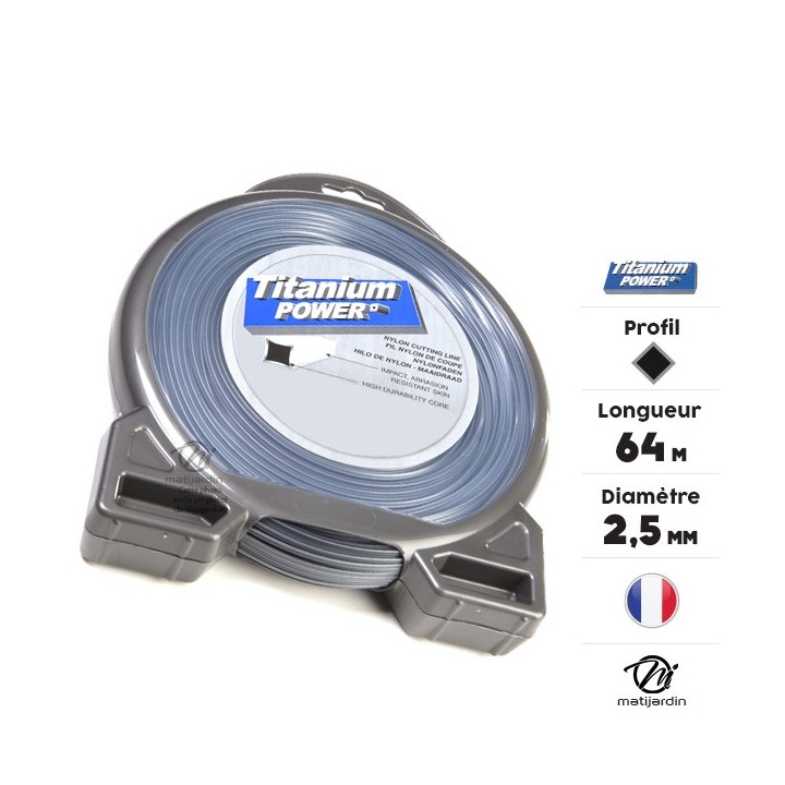 Fil débroussailleuse Titanium 2,5 mm x 64 m. Carré. Bi-matière. Blister