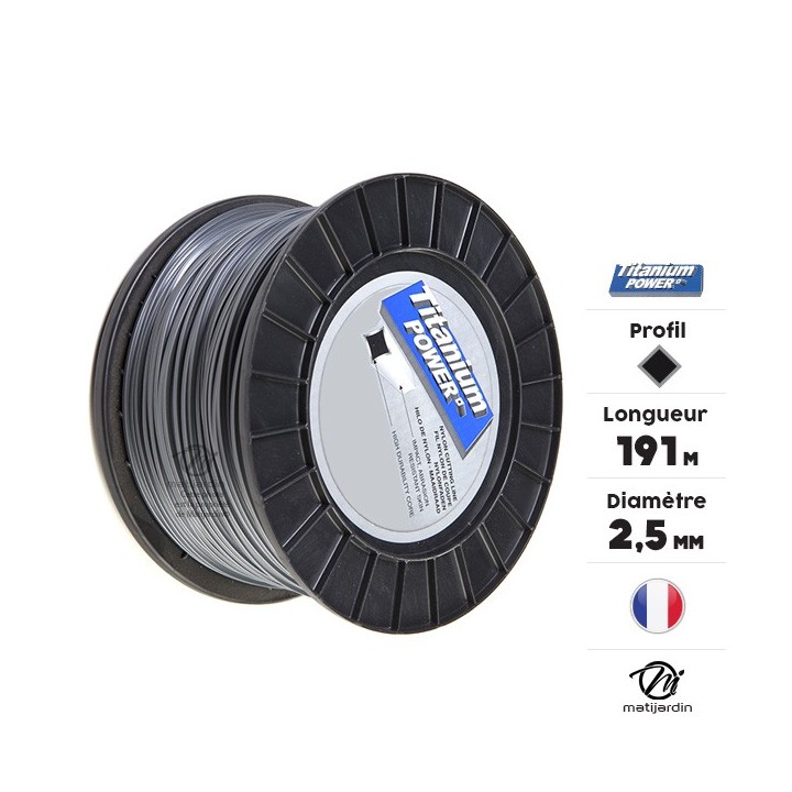 Fil débroussailleuse Titanium 2,5 mm x 191 m. Carré. Bi-matière. Bobine