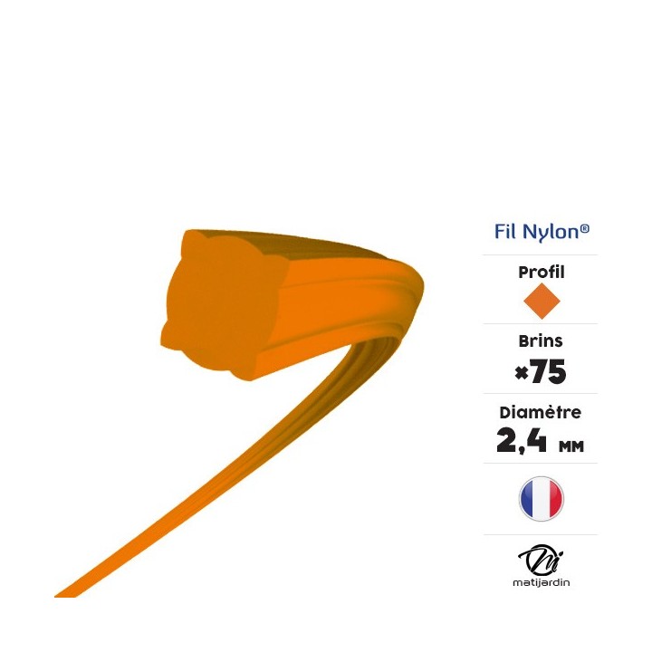 Fil débroussailleuse nylon 75 brins de 2,4 mm. Carré. Orange. Tube