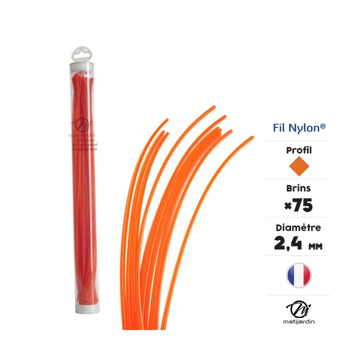 Fil débroussailleuse nylon 75 brins de 2,4 mm. Carré. Orange. Tube