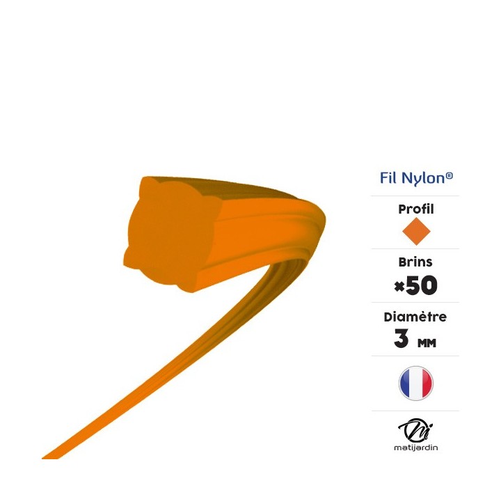 Fil débroussailleuse nylon 50 brins de 3 mm. Carré. Orange. Tube