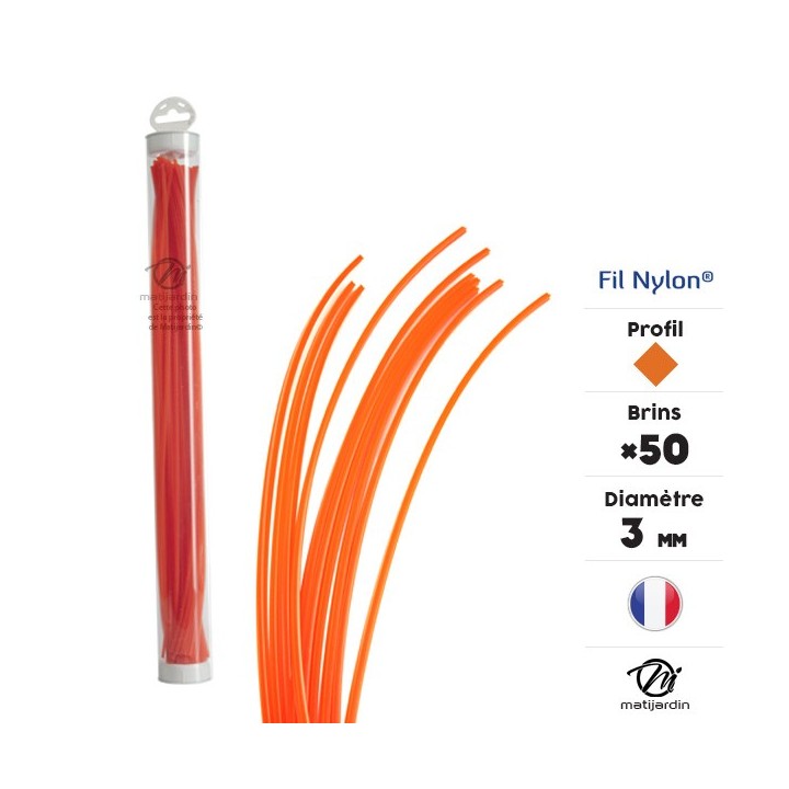 Fil débroussailleuse nylon 50 brins de 3 mm. Carré. Orange. Tube