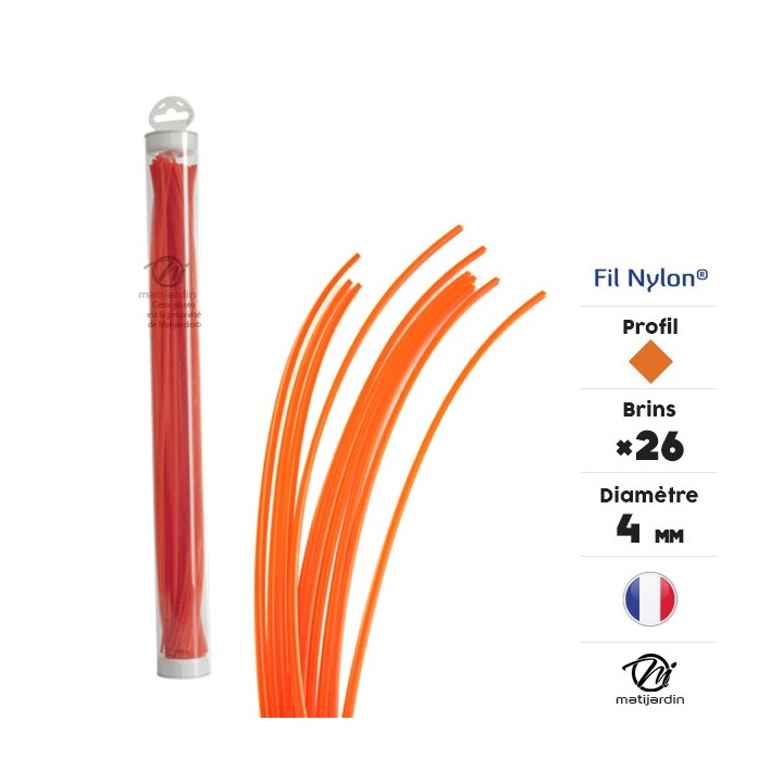 Fil débroussailleuse nylon 26 brins de 4 mm. Carré. Orange. Tube