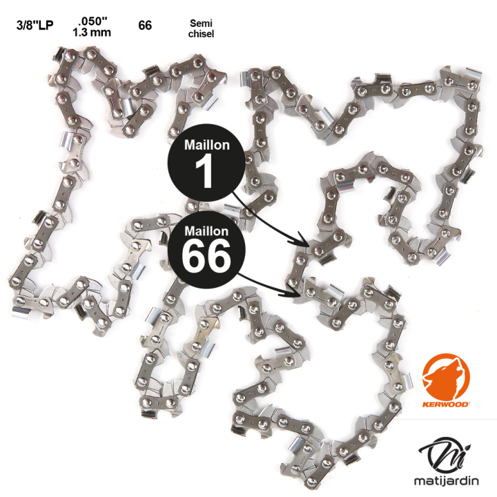 Chaîne Kerwood pour tronçonneuse 3/8" LP 1,3 mm. 66 maillons. Gouge demi carrée