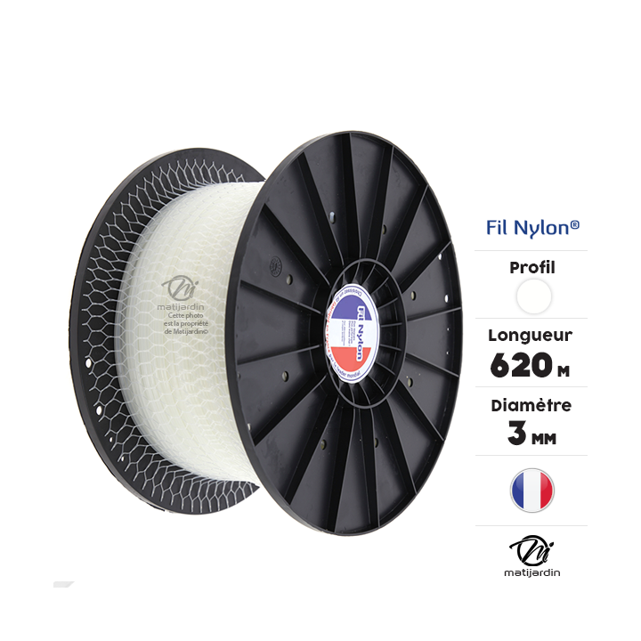 Fil débroussailleuse nylon 3 mm x 620 m. Rond. Blanc. Bobine