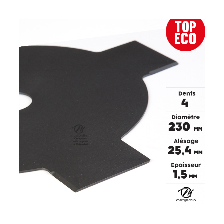 Lame 4 dents débroussailleuse. Ø 230 mm. Alésage 25,4 mm. Epaisseur 1,5 mm