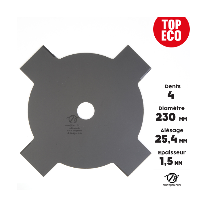 Lame 4 dents débroussailleuse. Ø 230 mm. Alésage 25,4 mm. Epaisseur 1,5 mm