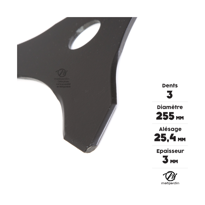 Lame 3 dents débroussailleuse. Ø 255 mm. Alésage 25,4 mm. Epaisseur 3 mm
