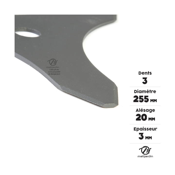 Lame 3 dents débroussailleuse. Ø 255 mm. Alésage 20 mm. Epaisseur 3 mm
