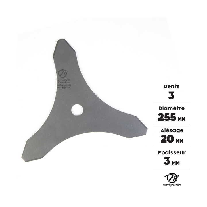 Lame 3 dents débroussailleuse. Ø 255 mm. Alésage 20 mm. Epaisseur 3 mm