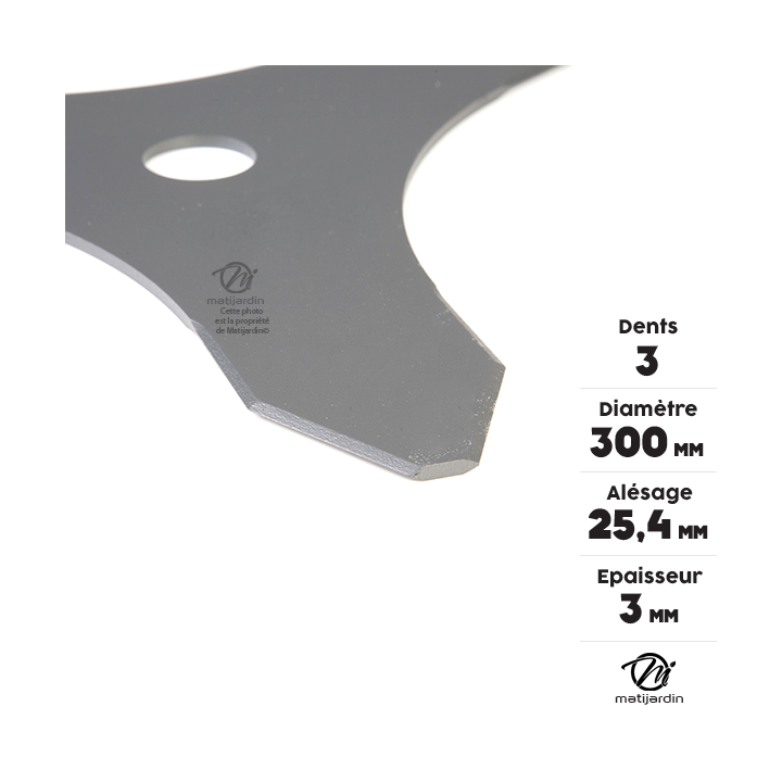 Lame 3 dents débroussailleuse. Ø 300 mm. Alésage 25,4 mm. Epaisseur 3 mm