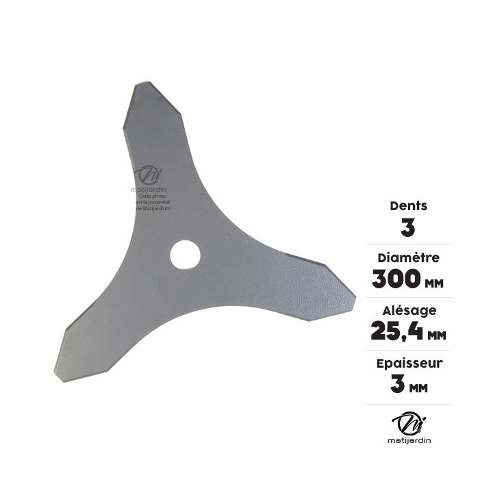 Lame 3 dents débroussailleuse. Ø 300 mm. Alésage 25,4 mm. Epaisseur 3 mm