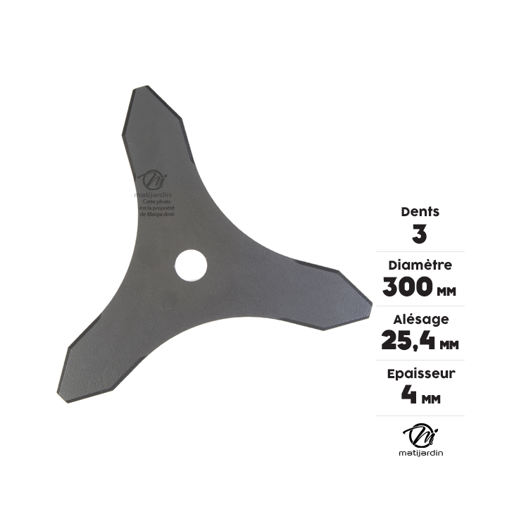 Lame 3 dents débroussailleuse. Ø 300 mm. Alésage 25,4 mm. Epaisseur 4 mm