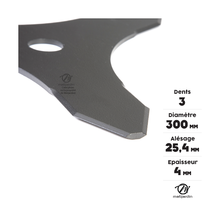 Lame 3 dents débroussailleuse. Ø 300 mm. Alésage 25,4 mm. Epaisseur 4 mm