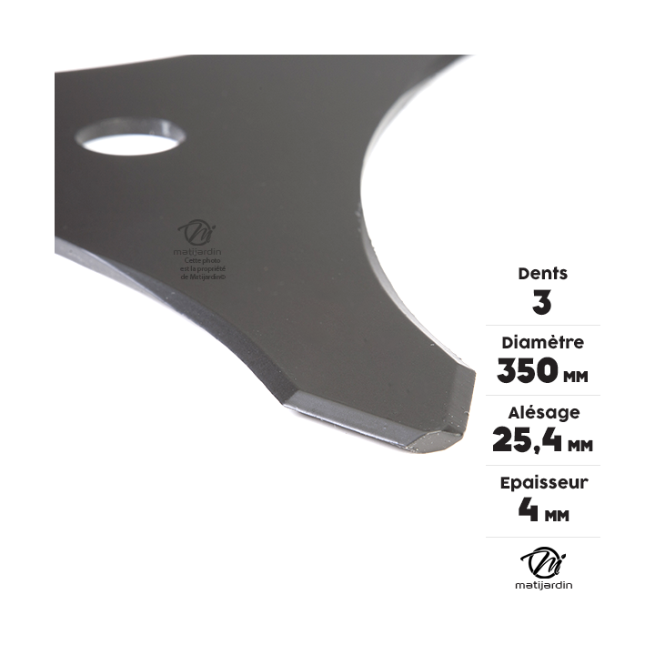 Lame 3 dents débroussailleuse. Ø 350 mm. Alésage 25,4 mm. Epaisseur 4 mm